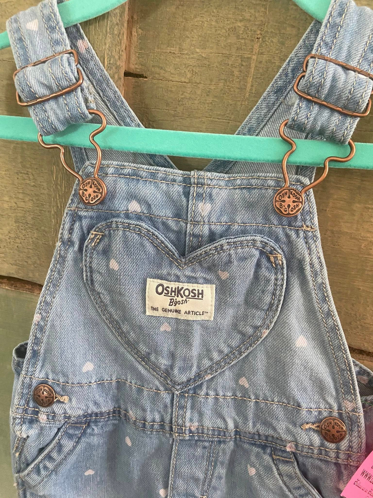 Pre-Loved OshKosh Pink Heart Denim Overalls (Size 12 Months) - Deer Creek Mercantile