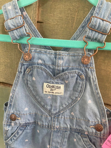 Pre-Loved OshKosh Pink Heart Denim Overalls (Size 12 Months) - Deer Creek Mercantile