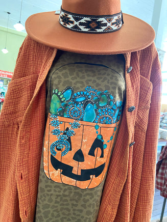 Leopard Candy Basket Halloween Graphic Tee - Deer Creek Mercantile