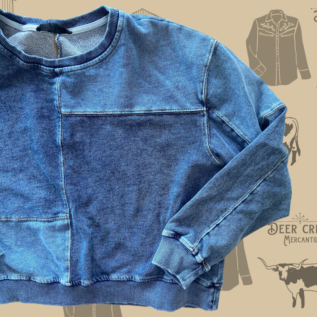 Pre-Loved Denim Patchwork Sweatshirt *Size Large - Deer Creek Mercantile