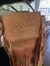 Suede Leather Boot Stitch Crossbody Bag W/ Fringe *Tan - Deer Creek Mercantile