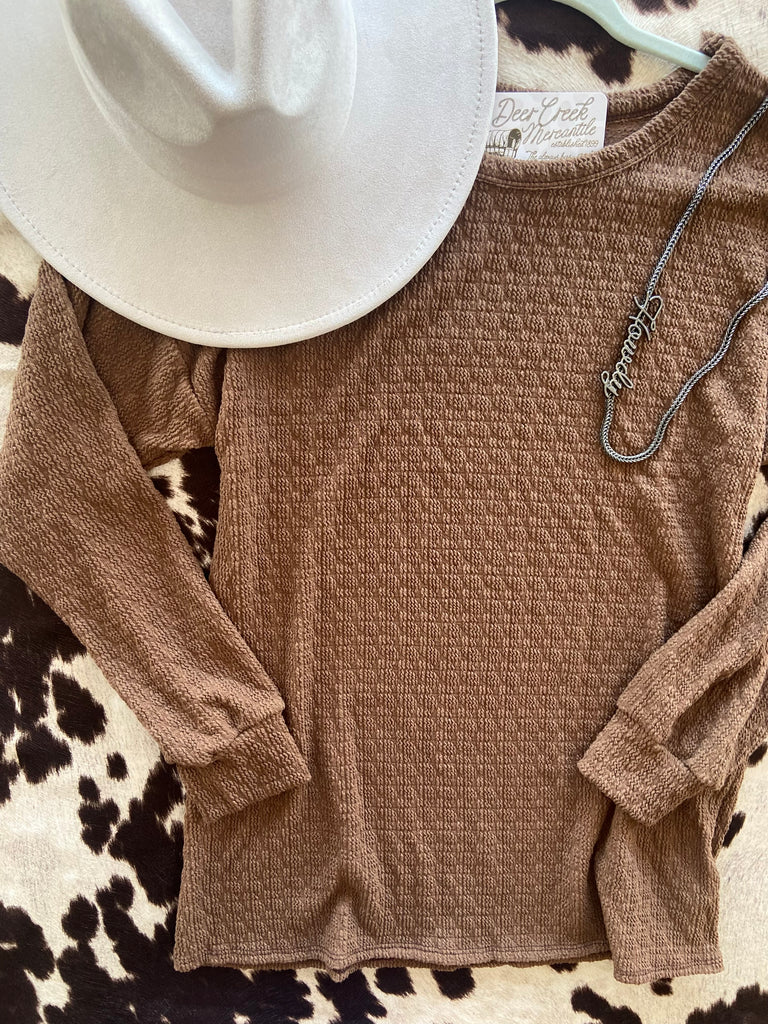 Frontier Frill Long Puff Sleeve Knit Top *Cocoa - Deer Creek Mercantile