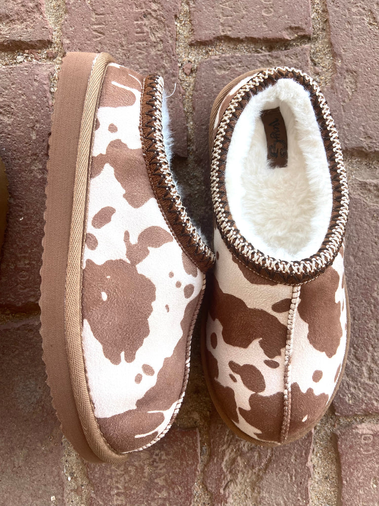 Bovine Bliss Cow Print Slippers *Brown - Deer Creek Mercantile