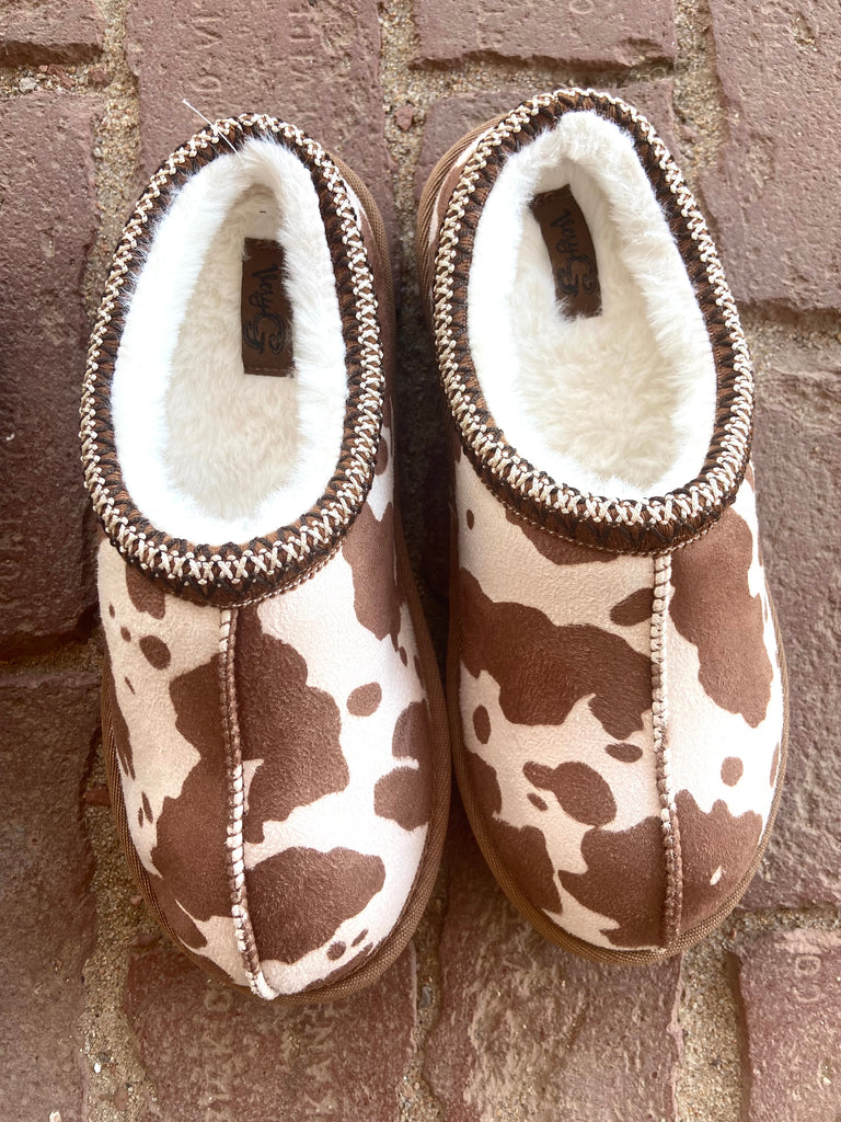 Bovine Bliss Cow Print Slippers *Brown - Deer Creek Mercantile