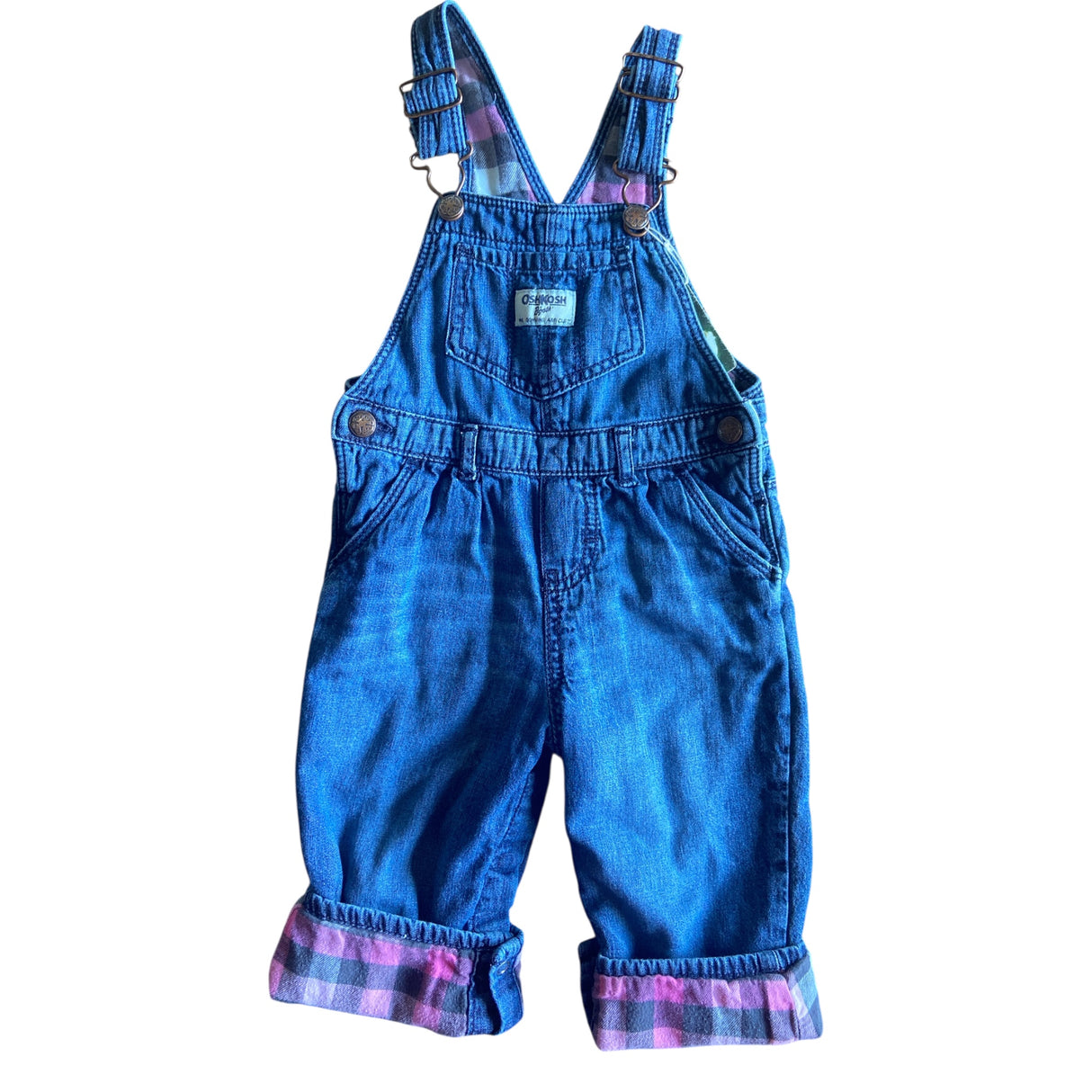 Pre-Loved Baby Girls OshKosh Overalls W/ Plaid Lining Size 18M - Deer Creek Mercantile