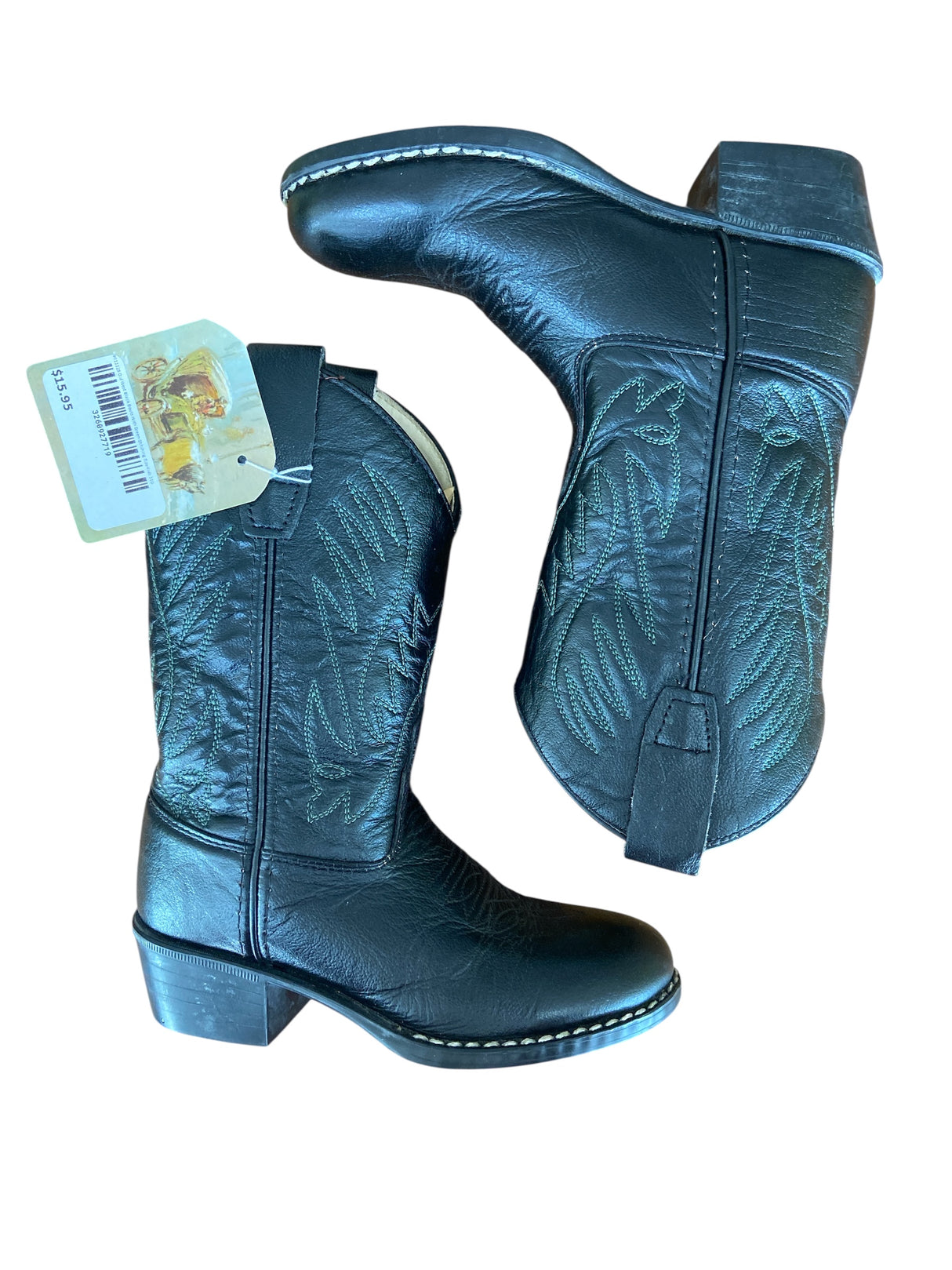 Pre-Loved Old West Black Boots With Green Stitching Youth *Size 11D - Deer Creek Mercantile