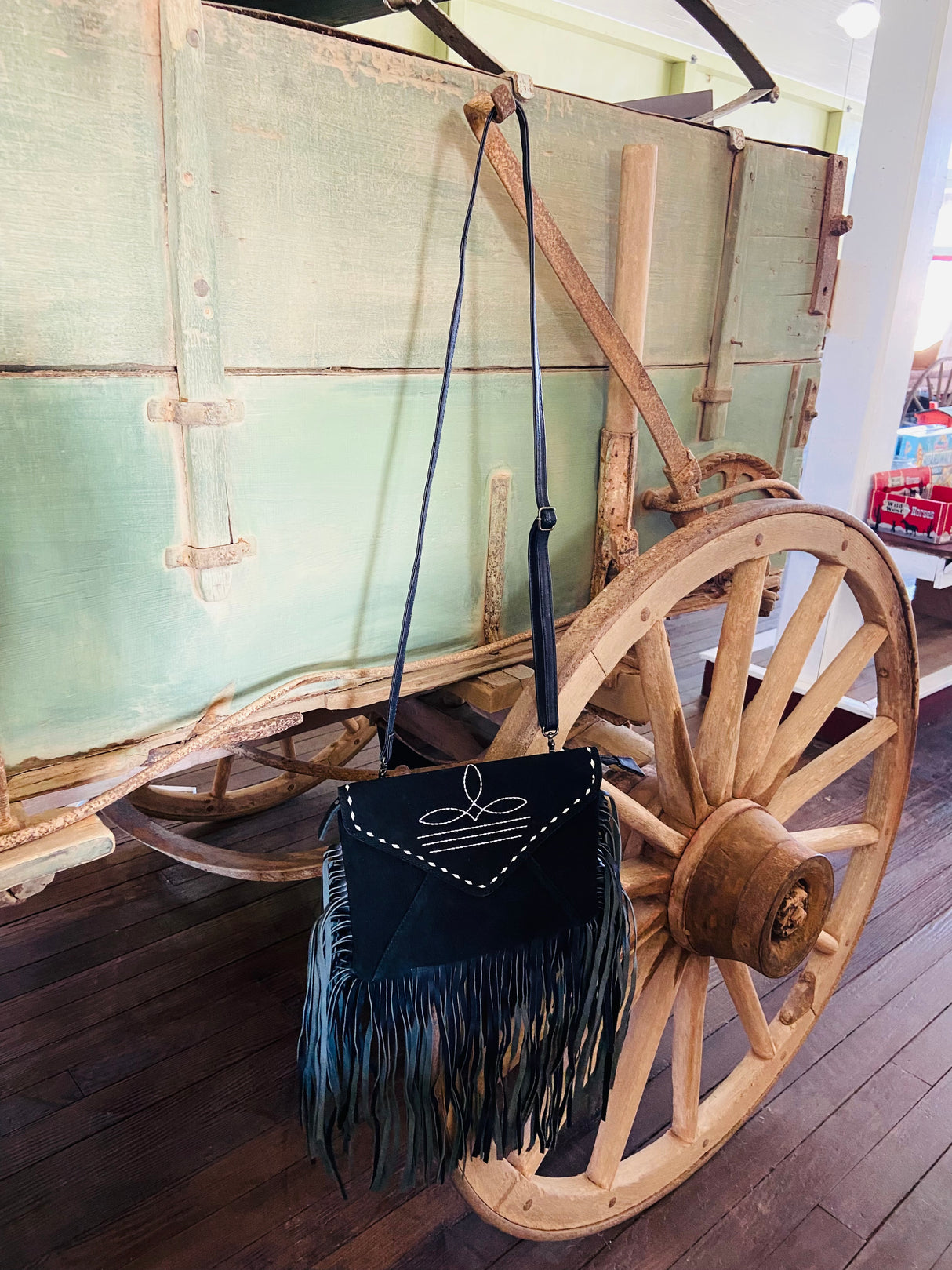 Suede Leather Boot Stitch Crossbody Bag W/ Fringe *Black - Deer Creek Mercantile