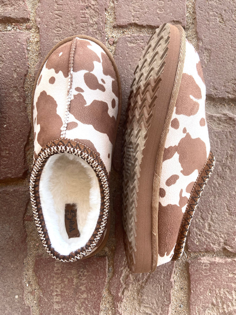 Bovine Bliss Cow Print Slippers *Brown - Deer Creek Mercantile