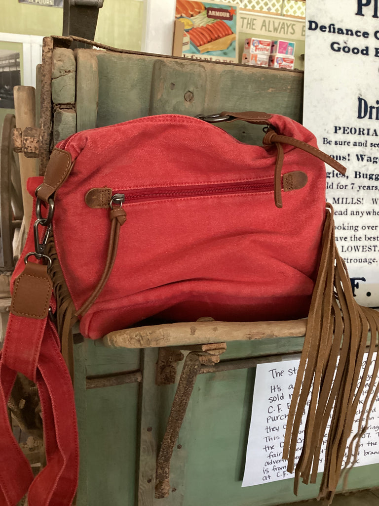 Wrangler Fringe Floral Tooled Denim Crossbody - Red - Deer Creek Mercantile