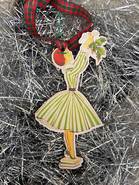 Vintage Mistletoe Woman Wooden Christmas Ornament - Deer Creek Mercantile