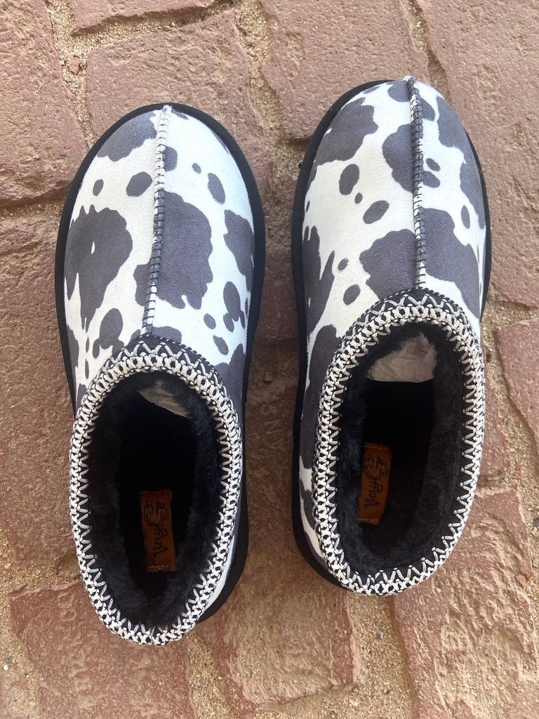 Bovine Bliss Cow Print Slippers *Black - Deer Creek Mercantile