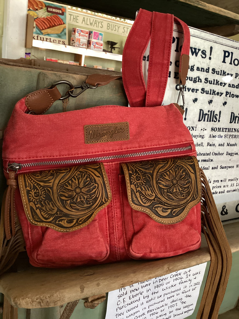 Wrangler Fringe Floral Tooled Denim Crossbody - Red - Deer Creek Mercantile