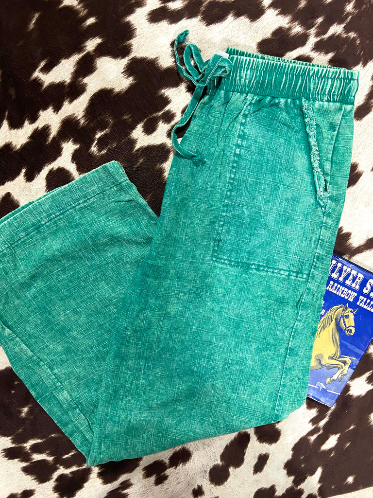 Acid Wash Linen Blend Elastic Waist Pants *Kelly Green - Deer Creek Mercantile