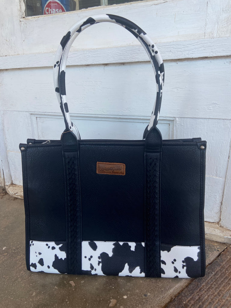 Wrangler Cow Print Concealed Carry Wide Tote -Black - Deer Creek Mercantile