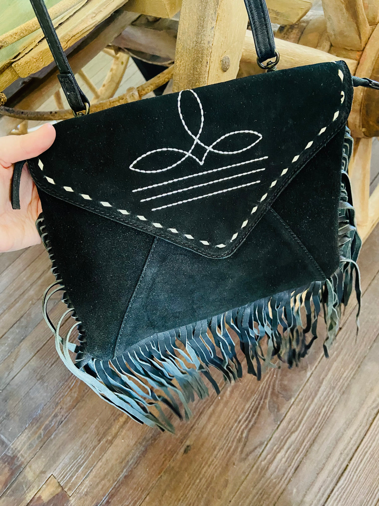 Suede Leather Boot Stitch Crossbody Bag W/ Fringe *Black - Deer Creek Mercantile