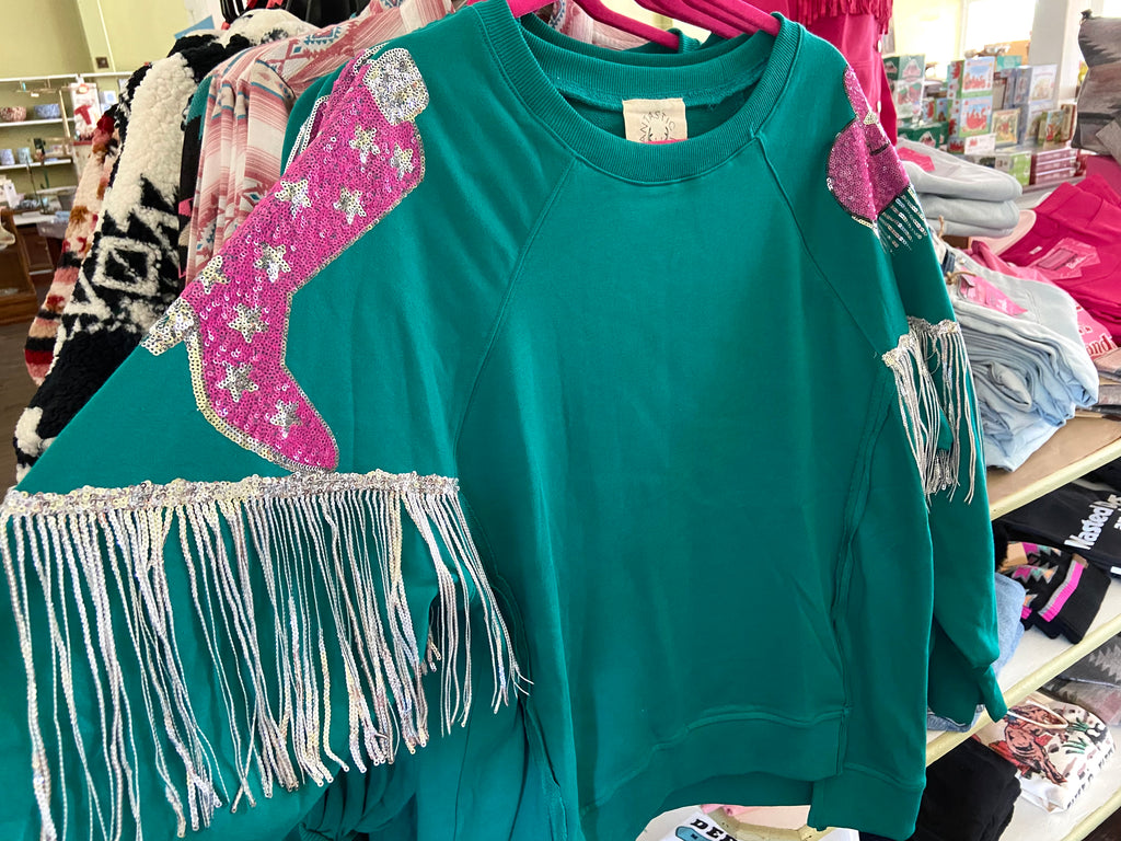Spunky Cowgirl Pink & Turquoise Sweatshirt With Fringe - Deer Creek Mercantile