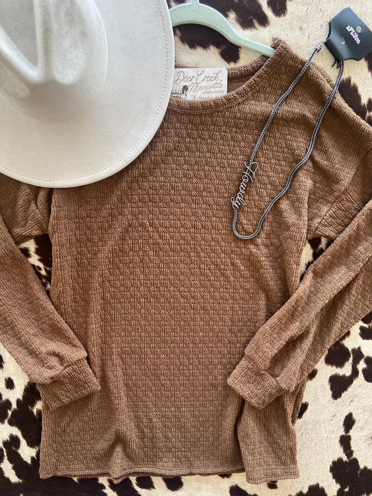 Frontier Frill Long Puff Sleeve Knit Top *Cocoa - Deer Creek Mercantile