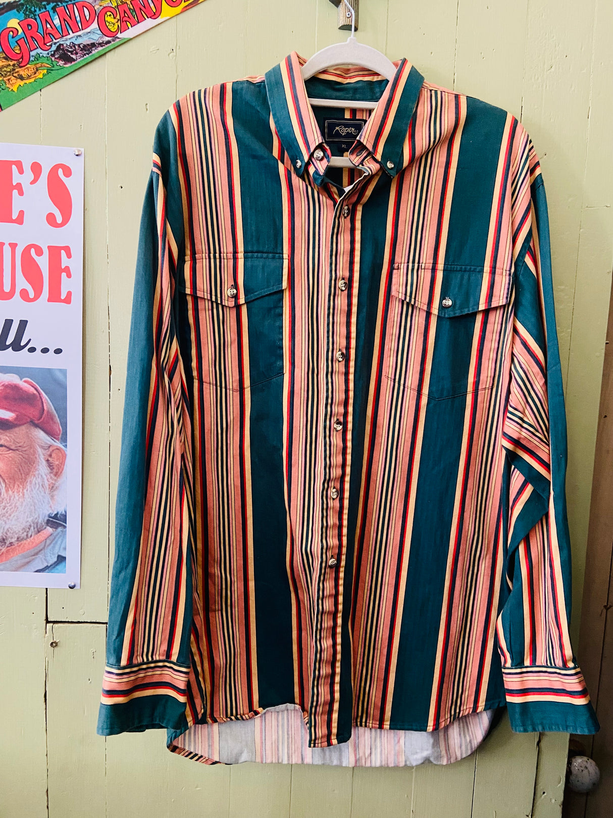 Vintage ROPER Striped Green/Yellow/Peach 90s Western Shirt *Size XL - Deer Creek Mercantile