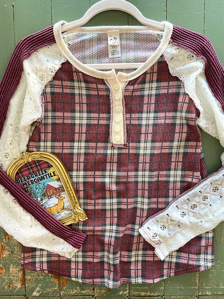 Mistletoe Morning Plaid Henley Top With Lace Sleeves - Deer Creek Mercantile