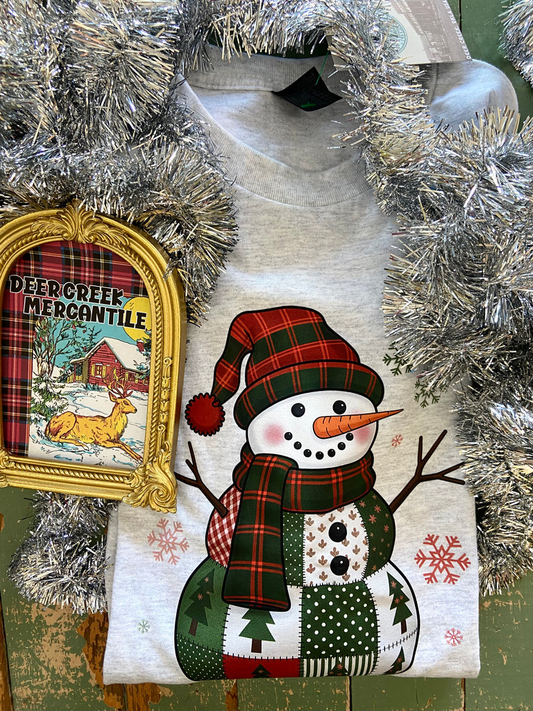 Patchwork Snowman Graphic Tee *Light Gray - Deer Creek Mercantile