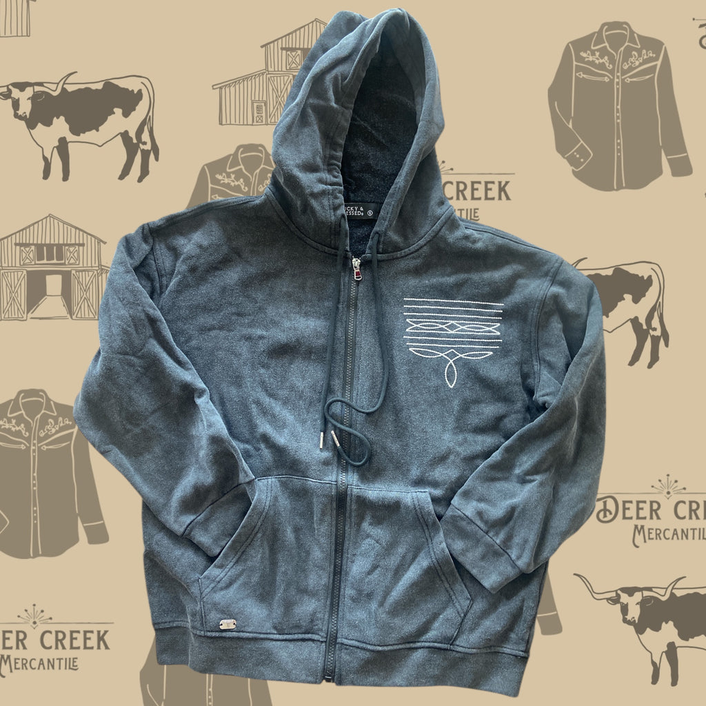 Midnight Cowgirl Boot Stitch Embroidered Zip Up Jacket *Mineral Wash Black - Deer Creek Mercantile