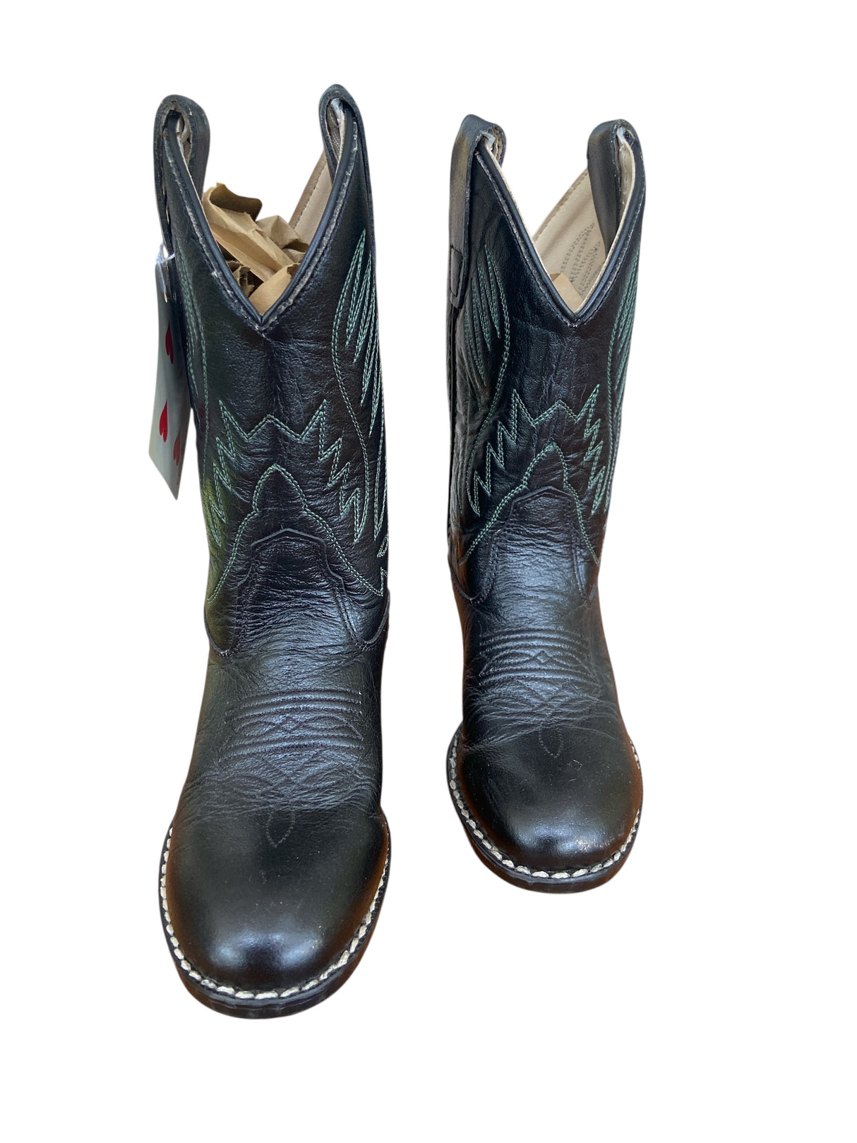 Pre-Loved Old West Black Boots With Green Stitching Youth *Size 11D - Deer Creek Mercantile