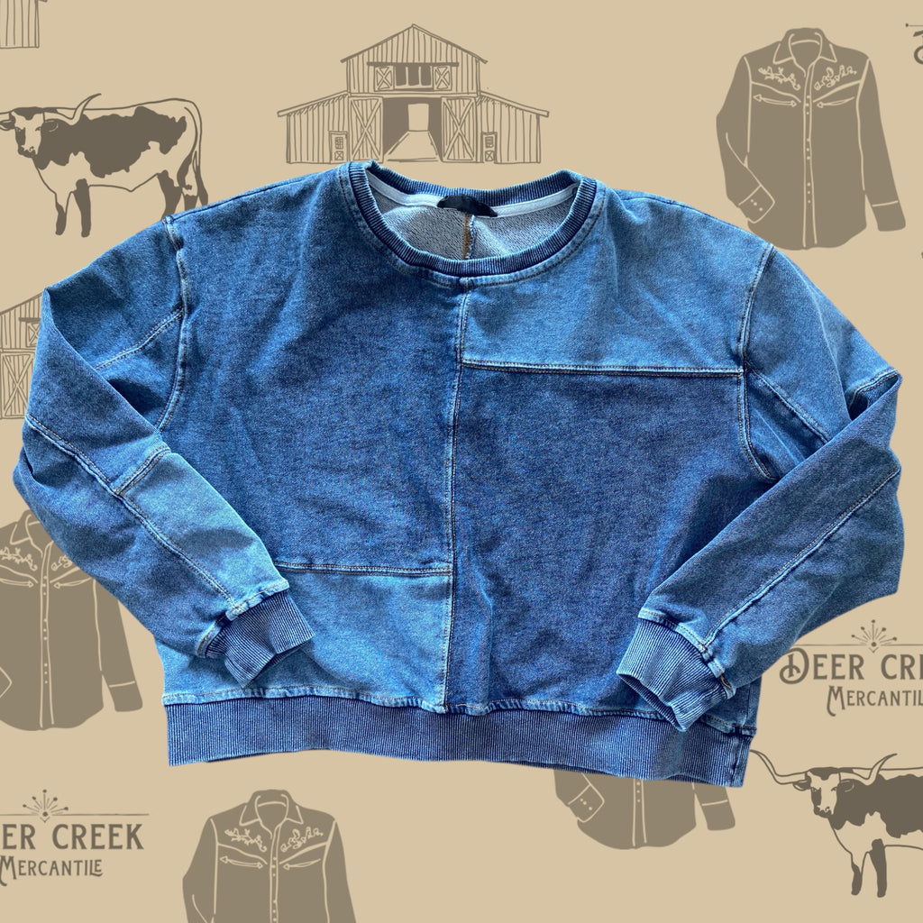 Pre-Loved Denim Patchwork Sweatshirt *Size Large - Deer Creek Mercantile