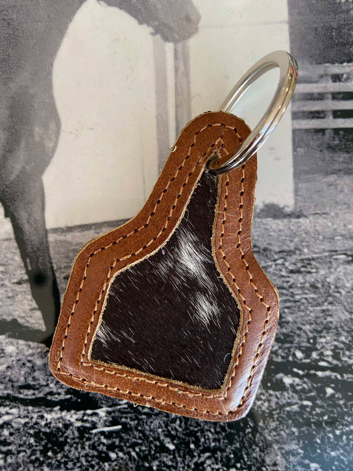 Classic Western Cowhide Cattle Tag Keychain *Dark Brown/White - Deer Creek Mercantile
