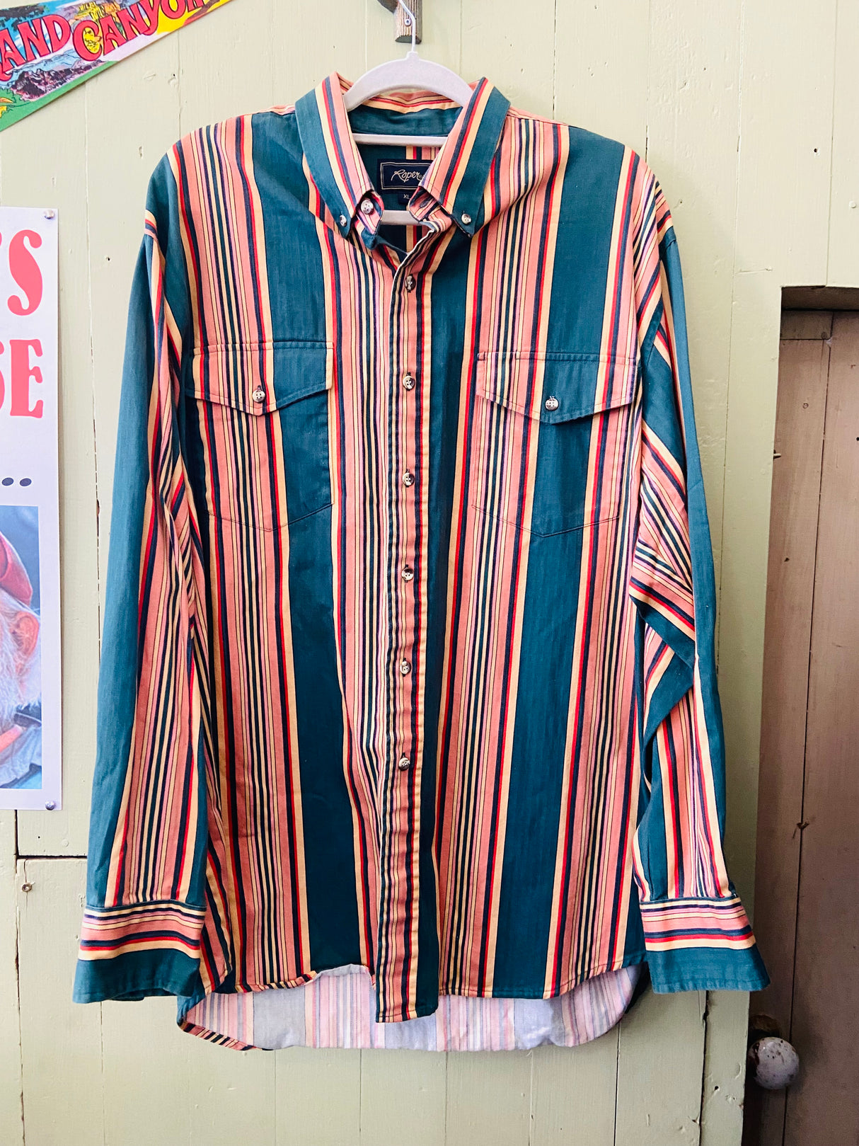 Vintage ROPER Striped Green/Yellow/Peach 90s Western Shirt *Size XL - Deer Creek Mercantile