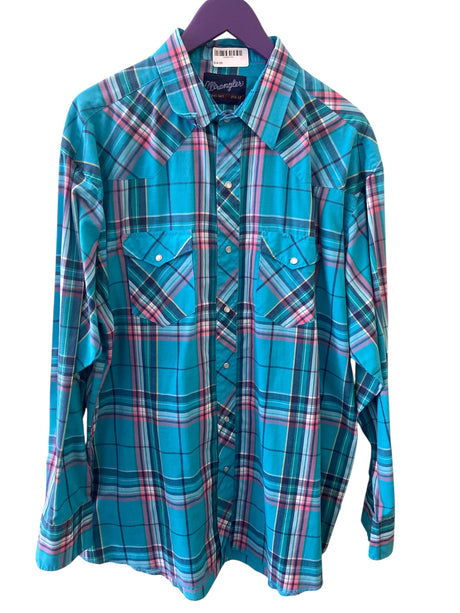 Vintage Wrangler Turquoise Plaid Shirt Size 171/2 -37 - Deer Creek Mercantile