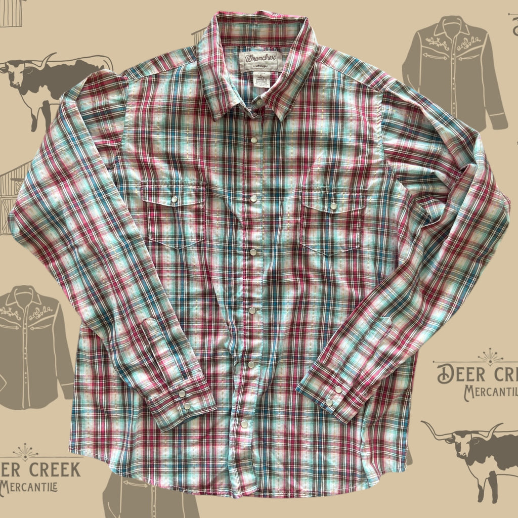 Pre-Loved Wrancher By Wrangler Pearl Snap Women's Pink/Blue *Size XL - Deer Creek Mercantile