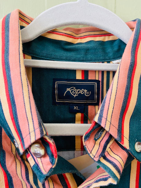 Vintage ROPER Striped Green/Yellow/Peach 90s Western Shirt *Size XL - Deer Creek Mercantile