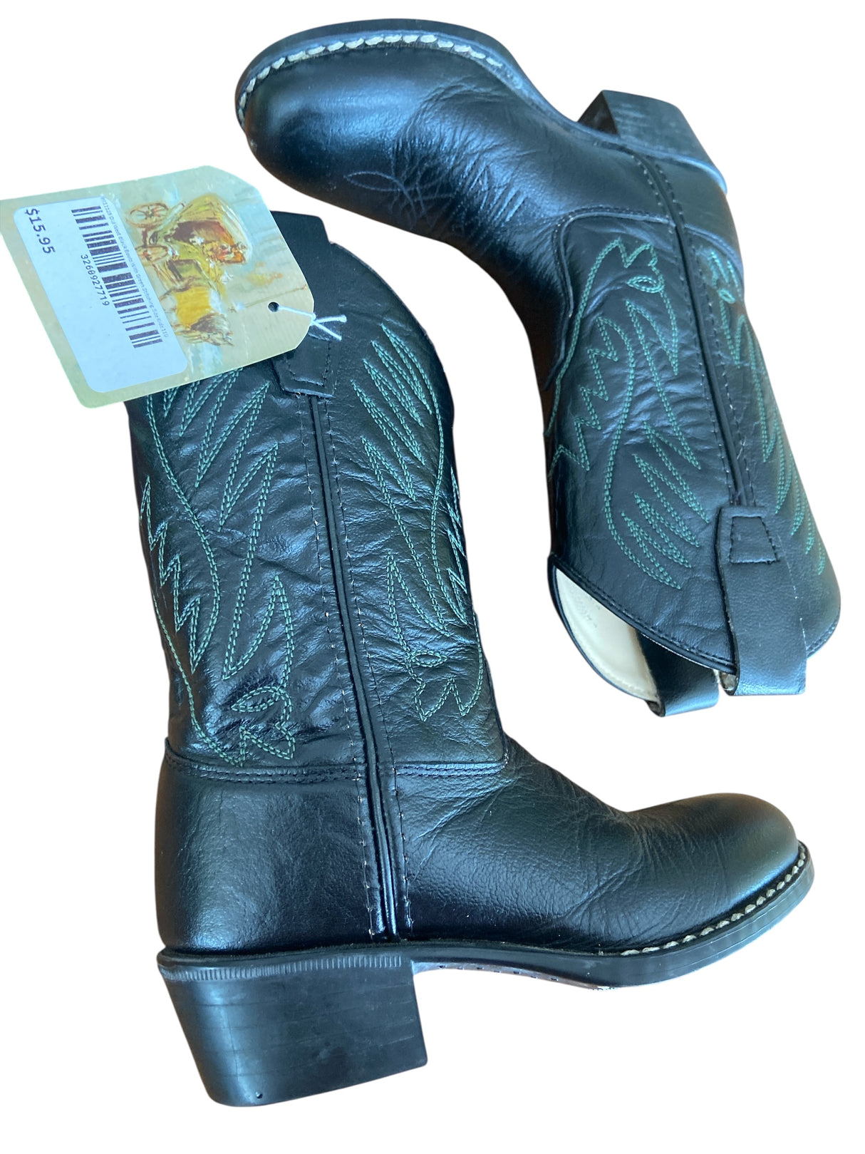 Pre-Loved Old West Black Boots With Green Stitching Youth *Size 11D - Deer Creek Mercantile