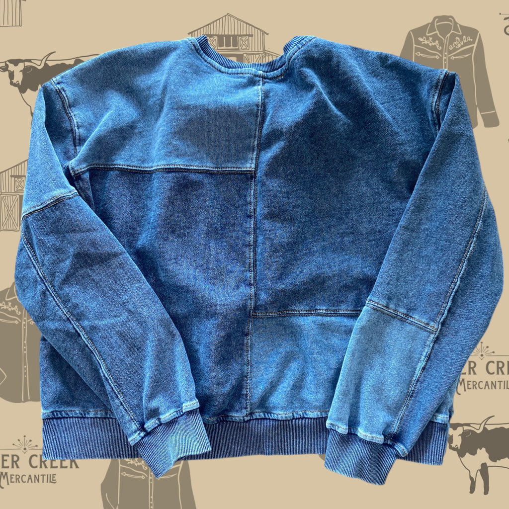 Pre-Loved Denim Patchwork Sweatshirt *Size Large - Deer Creek Mercantile
