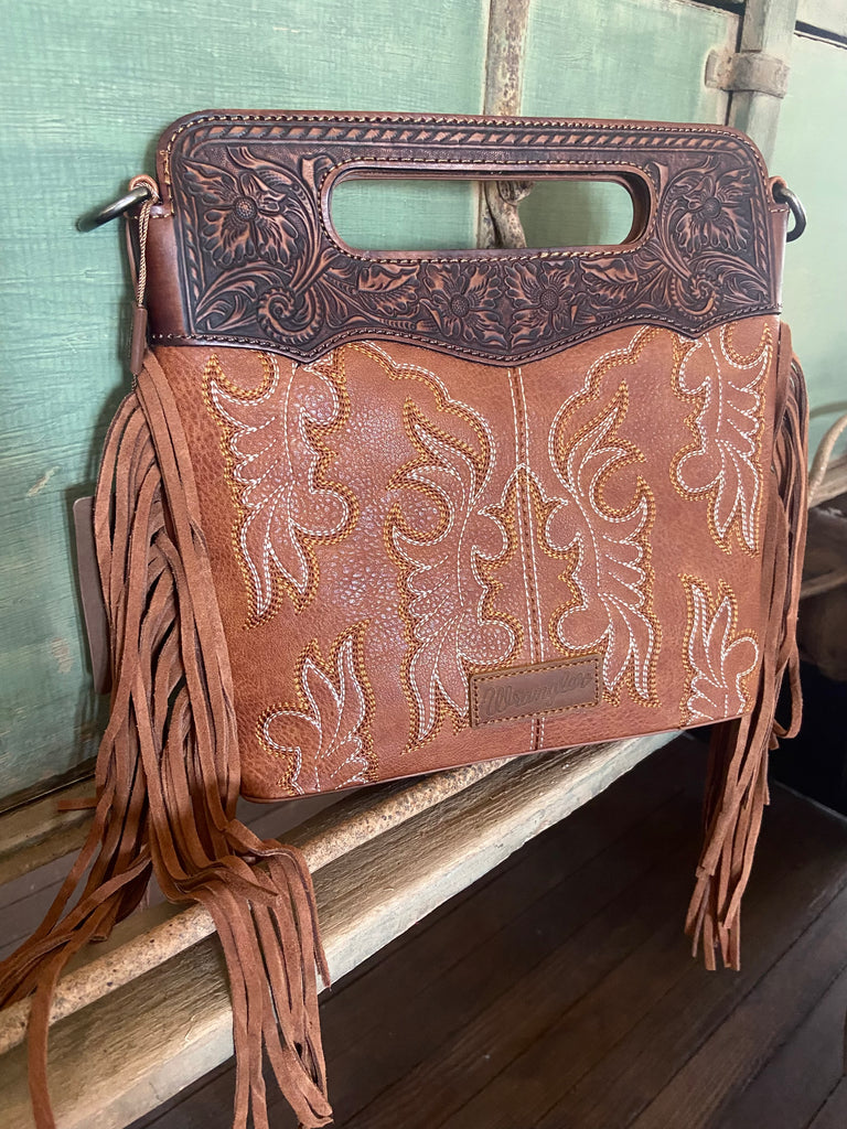 Wrangler Top Handle Embroidered Fringe Tote/Crossbody - Brown - Deer Creek Mercantile