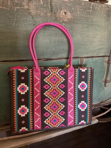 Wrangler Southwestern Pattern Dual Sided Print Canvas Wide Tote - Hot Pink - Deer Creek Mercantile