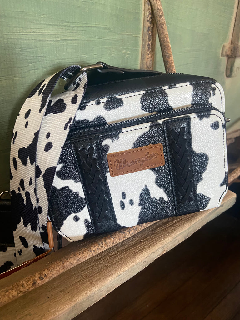 Wrangler Cow Print Crossbody Purse With Wallet Compartment -Black - Deer Creek Mercantile