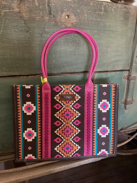 Wrangler Southwestern Pattern Dual Sided Print Canvas Wide Tote - Hot Pink - Deer Creek Mercantile