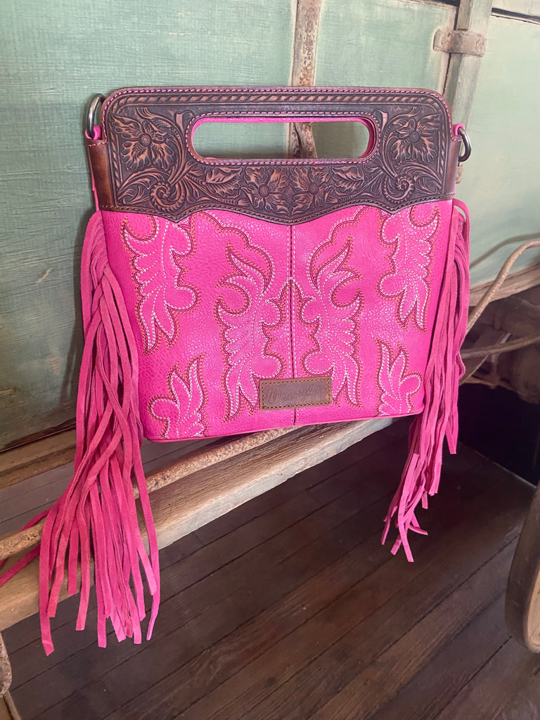 Wrangler Top Handle Embroidered Fringe Tote/Crossbody - Hot Pink - Deer Creek Mercantile