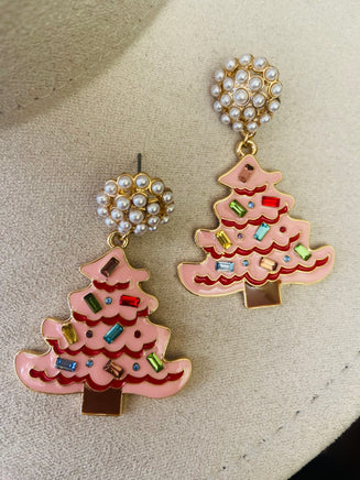 2024 Christmas Pink Enamel Tree Earrings - Deer Creek Mercantile