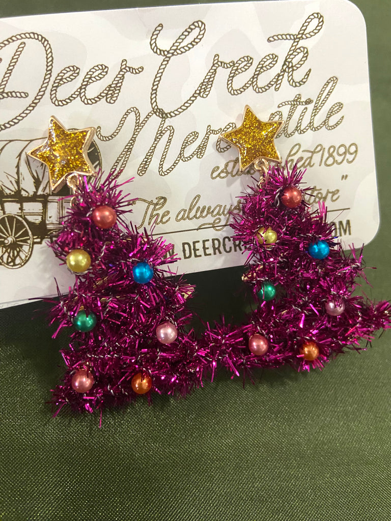 The Pink Tinsel Christmas Tree Earrings - Deer Creek Mercantile