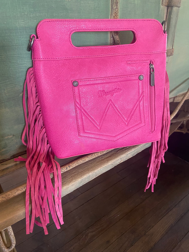 Wrangler Top Handle Embroidered Fringe Tote/Crossbody - Hot Pink - Deer Creek Mercantile