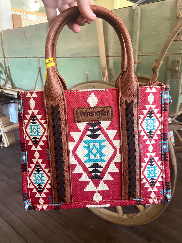 Wrangler Southwestern Print Small Canvas Tote/Crossbody - Burgundy - Deer Creek Mercantile