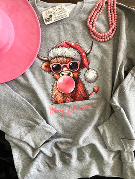 Christmas Bubble Gum Highland Cow Sweatshirt - Deer Creek Mercantile