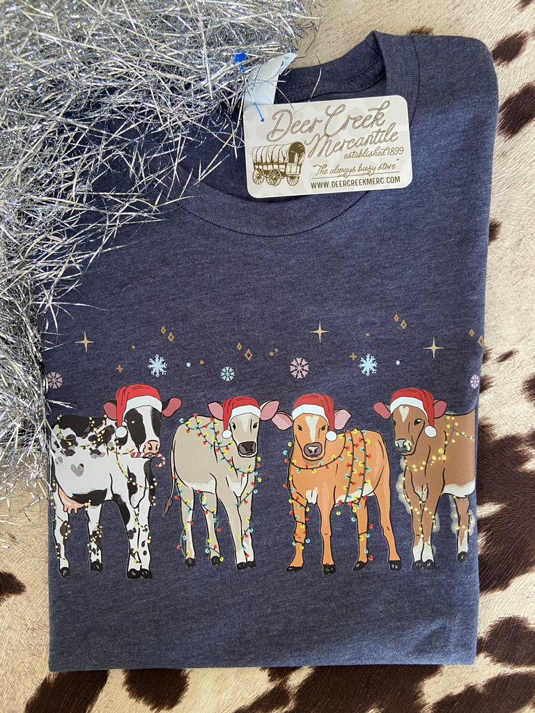 Christmas Cows Graphic Tee *Heather Navy - Deer Creek Mercantile