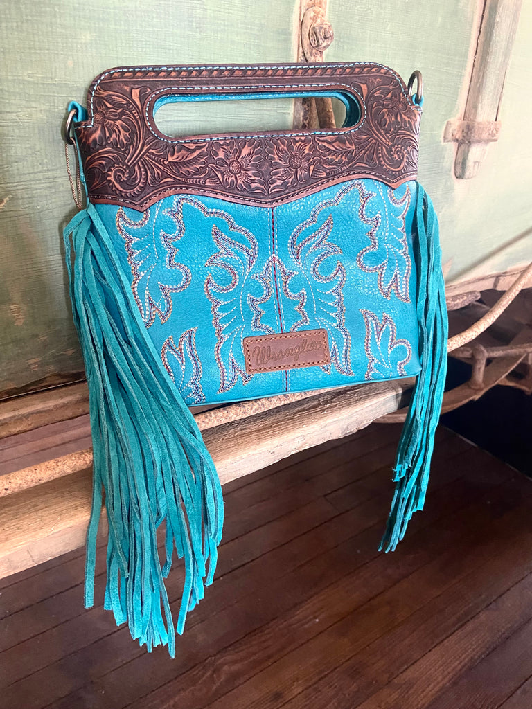 Wrangler Top Handle Embroidered Fringe Tote/Crossbody - Turquoise - Deer Creek Mercantile