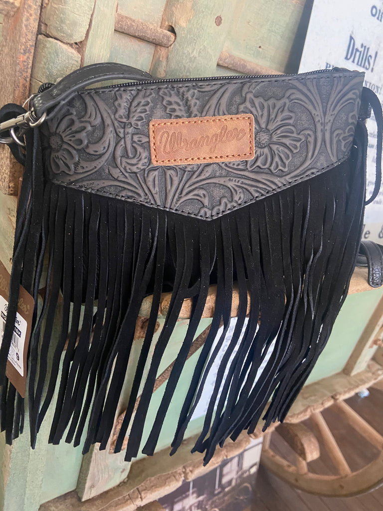 Wrangler Vintage Floral Tooled Collection Fringe Wristlet/Crossbody - Black - Deer Creek Mercantile