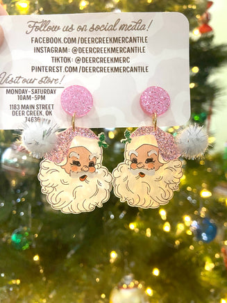 Glitter Resin Pom Pom Santa Earrings *Pink - Deer Creek Mercantile