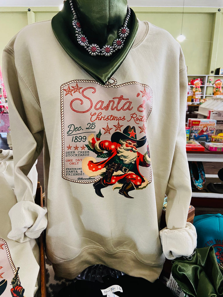 Deer Creek Cowboy Santa Christmas Rodeo Poster Sweatshirt *Tan - Deer Creek Mercantile