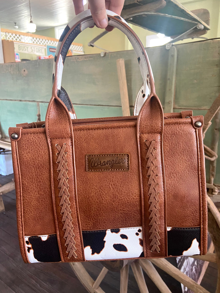 Wrangler Cow Print Concealed Carry Tote/Crossbody - Brown WG102-8120SBR - Deer Creek Mercantile